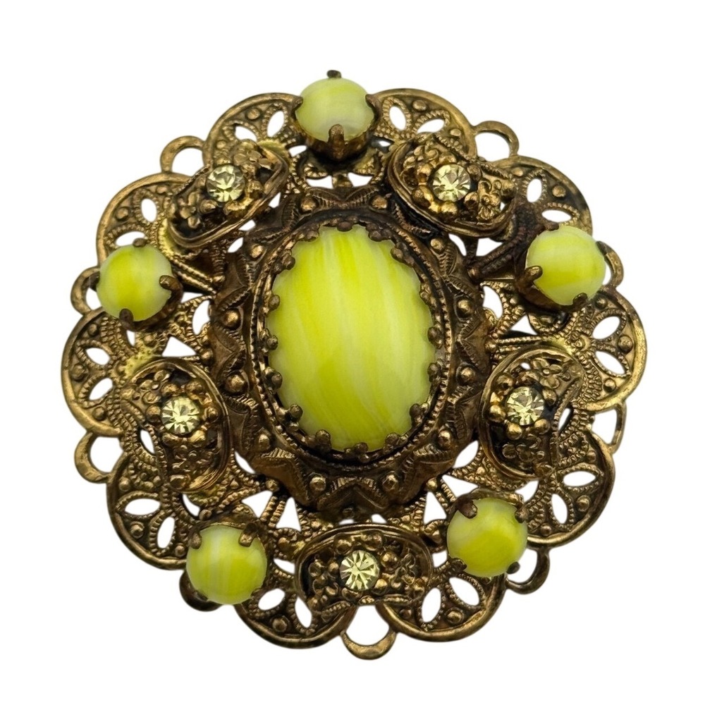 Vintage Unsigned West Germany Filigree Yellow Cabochon Rhinestone Brooch READ